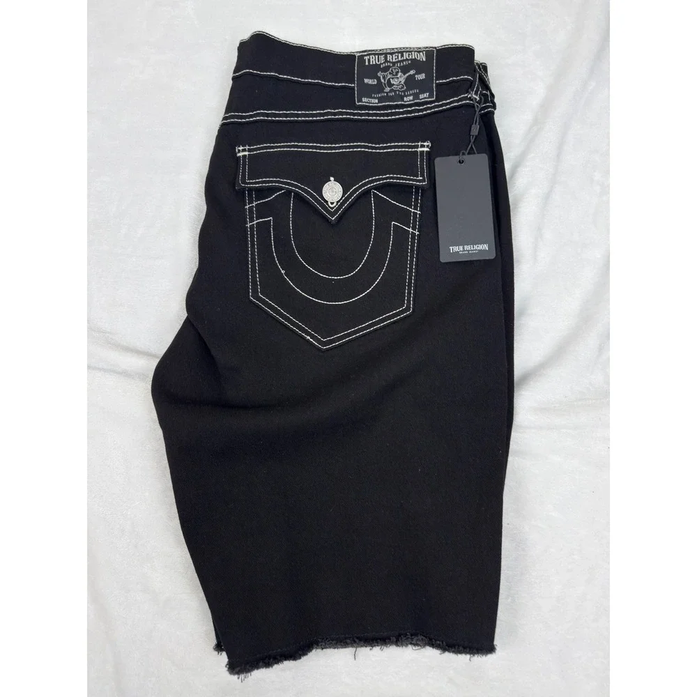 True Religion Ricky Flap Fray Relaxed Straight Black Denim Shorts Mens 40 (42